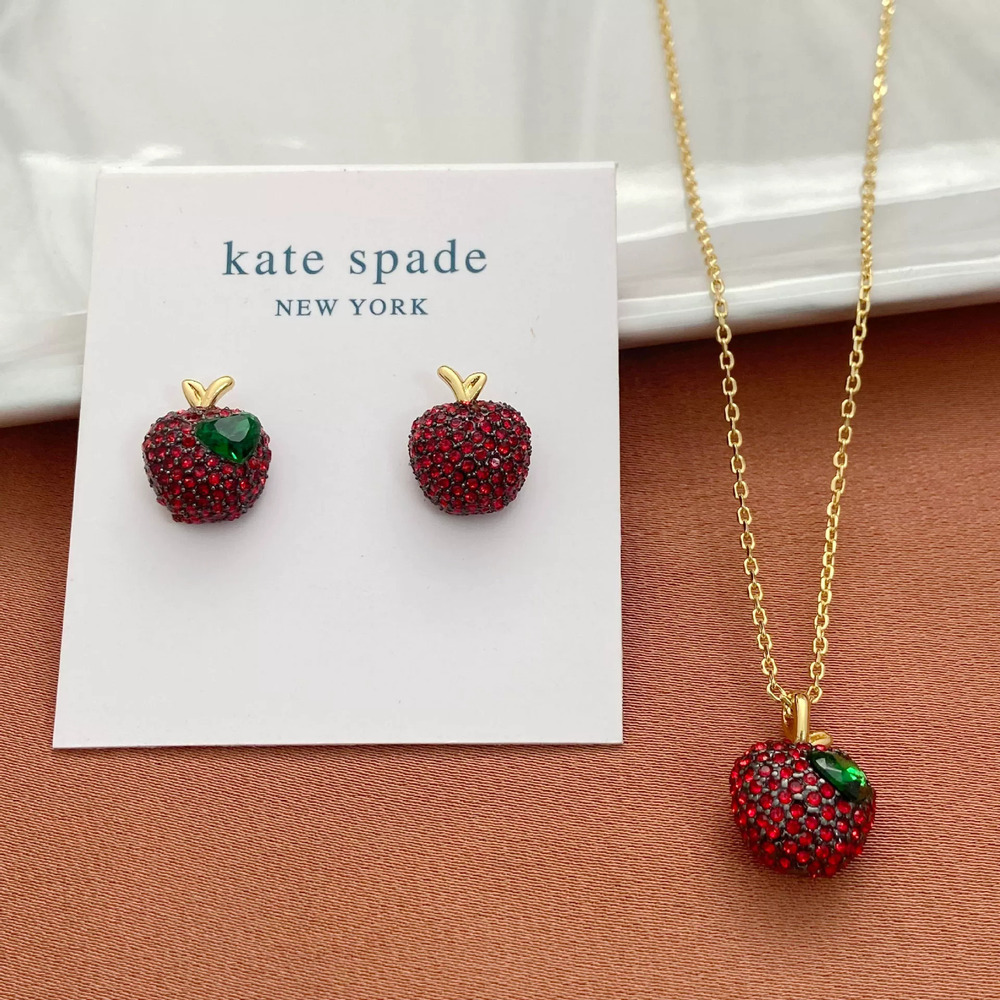 Kate SPADE Full Diamond Apple Shaped Stud Earrings Metal Necklace